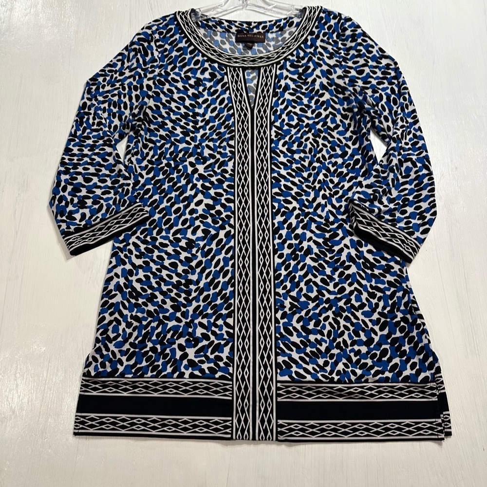 Dana Buchman Blue Black Animal Print Dress/Top Size Small Long Sleeve